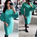 trikokotāžas kleita, kokvilnas kleita, pencildress, zīmuļkleita, kuplas piedurknes, silta kleita ar garām piedurknēm, zili zaļā kleita, šūšana, inidividuāla šūšana pārdaugavā