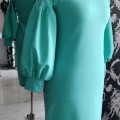 trikokotāžas kleita, kokvilnas kleita, pencildress, zīmuļkleita, kuplas piedurknes, silta kleita ar garām piedurknēm, zili zaļā kleita, šūšana, inidividuāla šūšana pārdaugavā