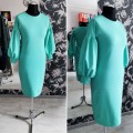 trikokotāžas kleita, kokvilnas kleita, pencildress, zīmuļkleita, kuplas piedurknes, silta kleita ar garām piedurknēm, zili zaļā kleita, šūšana, inidividuāla šūšana pārdaugavā