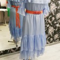 zila zīda kleita ar volāniem, volānu kleita, kaili pleci, uz gumiju, xl izmērs, izšūta josta, oranža josta, swarovsky, Bella Ruda, vasaras svētku kleita, kaskāde griezums